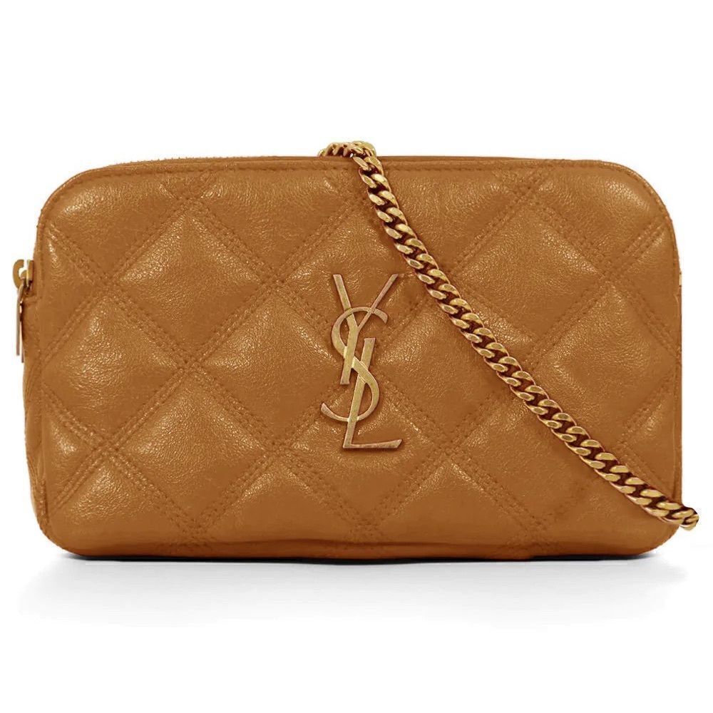 Saint Laurent Quilted Leather Becky Double Zip Camel Tan Brown Crossbody Handbag